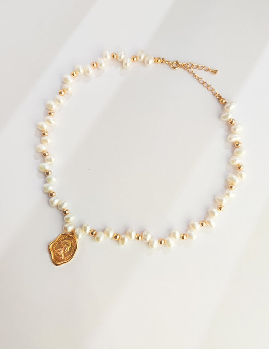 Baroque Pearl Gold Wax Seal Style Necklace