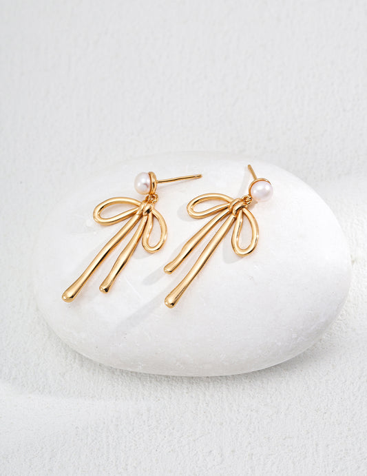 Golden Bow Pearl Drop Earrings