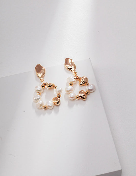 Golden Ripple Pearl Hoop Earrings