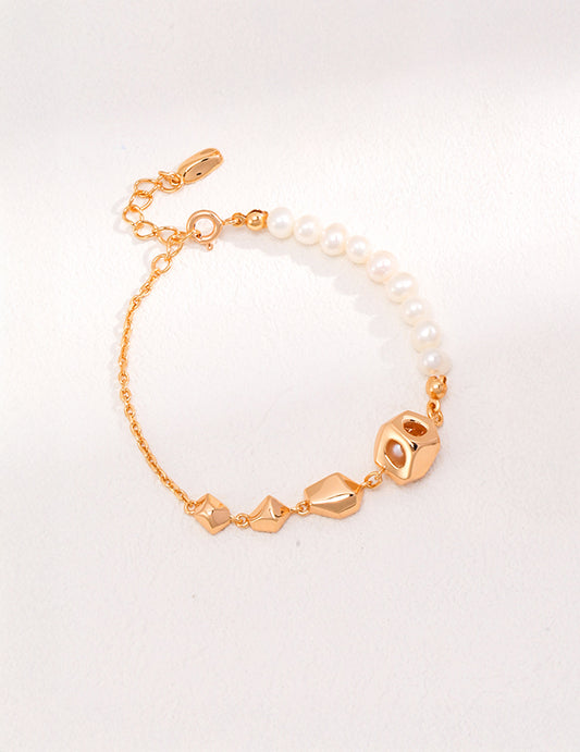 Modern Geometric Gold and Pearl Bracelet